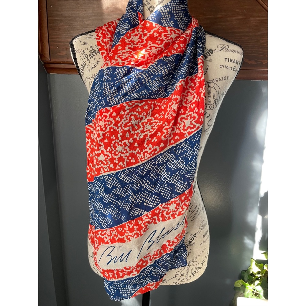 Bill Blass Vintage Silk Scarf Red White Blue Striped‎ Geometric Signature Print